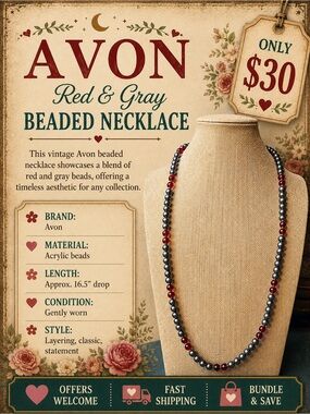 Vintage Avon Red Gray Beaded Necklace 16.5 Inch